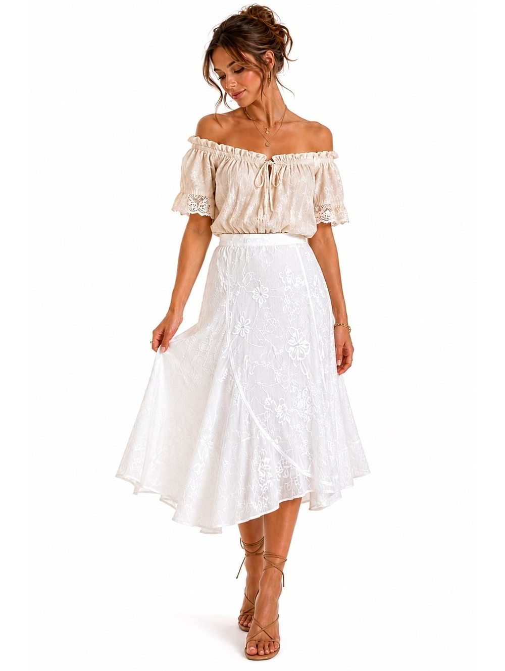 JKLA California White Floral Embroidered Midi Skirt M Boho Cottagecore 90s Y2K